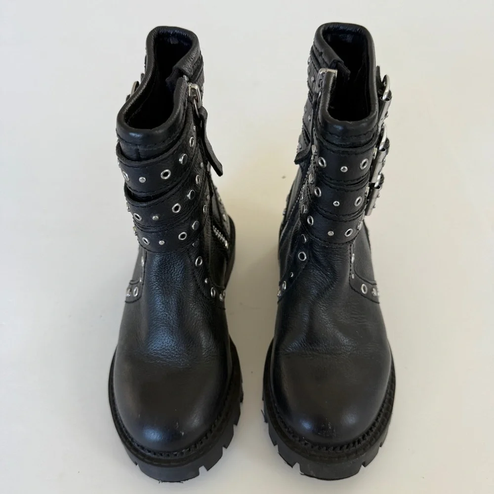 Zara Girls Studded Moto Combat Boots Black Silver Buckle Boots 10.5